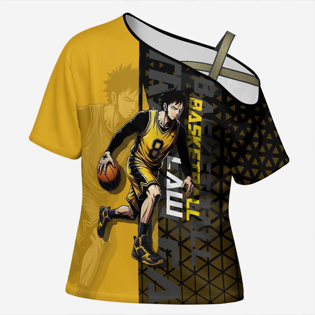 Trafalgar Law One Piece Basketball Theme Yellow and Black Design Cross Shoulder Shirt with Heart Pirates Emblem and Action Pose - The Mazicc