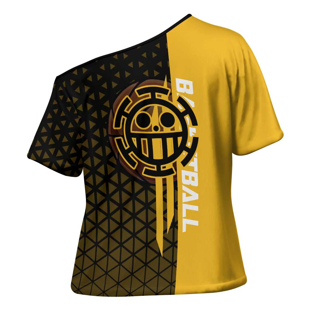 Trafalgar Law One Piece Basketball Theme Yellow and Black Design Cross Shoulder Shirt with Heart Pirates Emblem and Action Pose - The Mazicc
