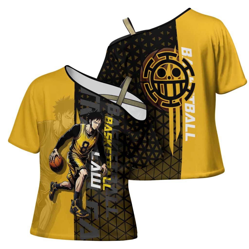 Trafalgar Law One Piece Basketball Theme Yellow and Black Design Cross Shoulder Shirt with Heart Pirates Emblem and Action Pose - The Mazicc