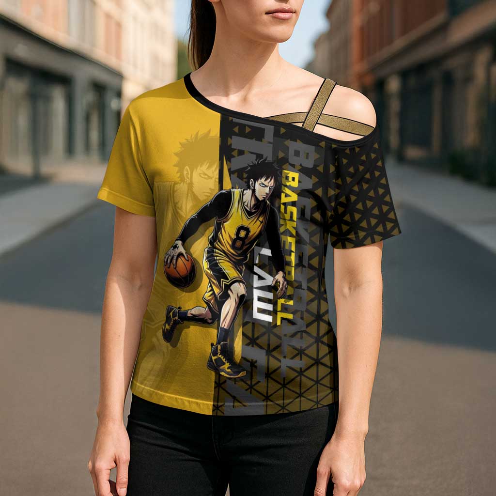 Trafalgar Law One Piece Basketball Theme Yellow and Black Design Cross Shoulder Shirt with Heart Pirates Emblem and Action Pose - The Mazicc
