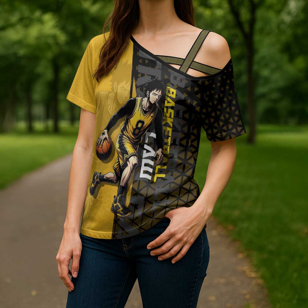 Trafalgar Law One Piece Basketball Theme Yellow and Black Design Cross Shoulder Shirt with Heart Pirates Emblem and Action Pose - The Mazicc