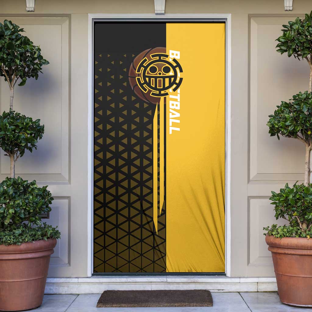 Trafalgar Law One Piece Basketball Theme Yellow and Black Design Door Cover with Heart Pirates Emblem and Action Pose - The Mazicc