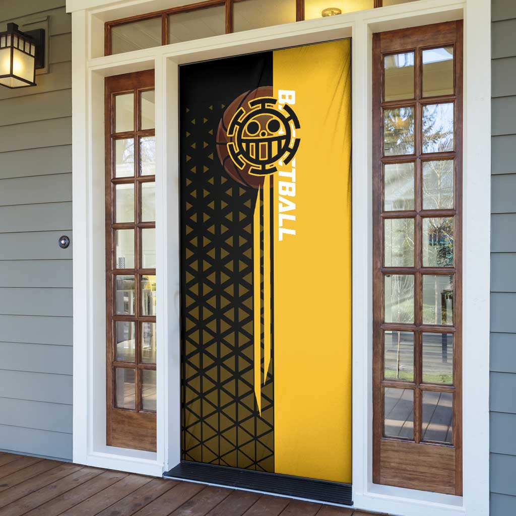 Trafalgar Law One Piece Basketball Theme Yellow and Black Design Door Cover with Heart Pirates Emblem and Action Pose - The Mazicc