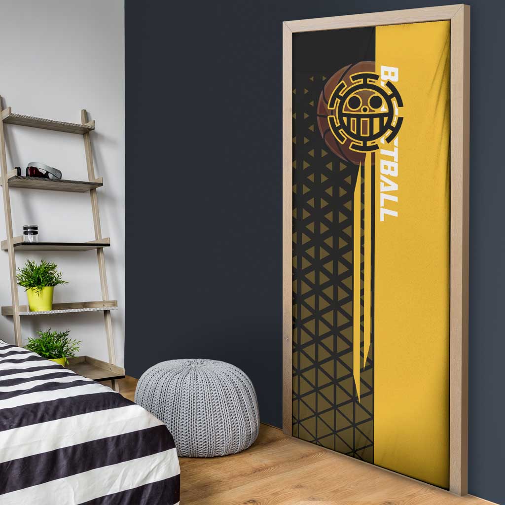 Trafalgar Law One Piece Basketball Theme Yellow and Black Design Door Cover with Heart Pirates Emblem and Action Pose - The Mazicc