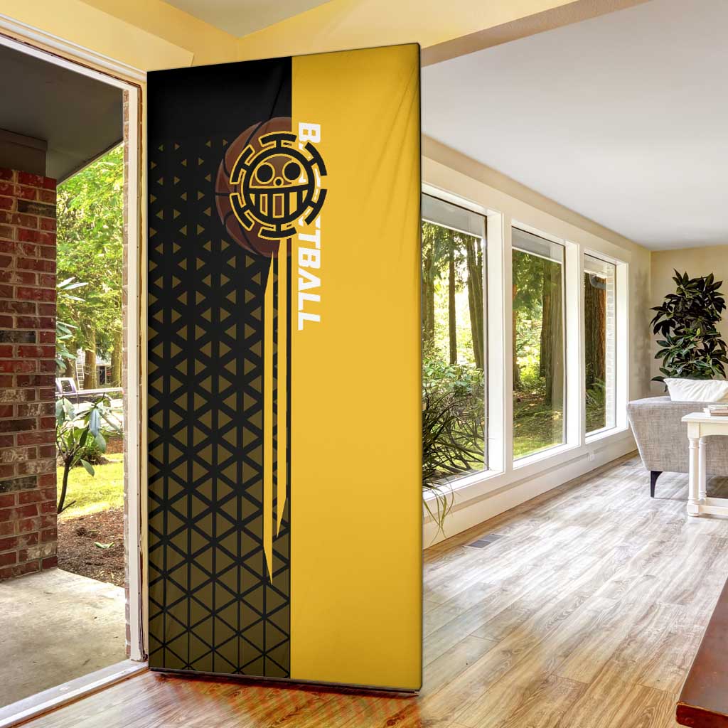 Trafalgar Law One Piece Basketball Theme Yellow and Black Design Door Cover with Heart Pirates Emblem and Action Pose - The Mazicc