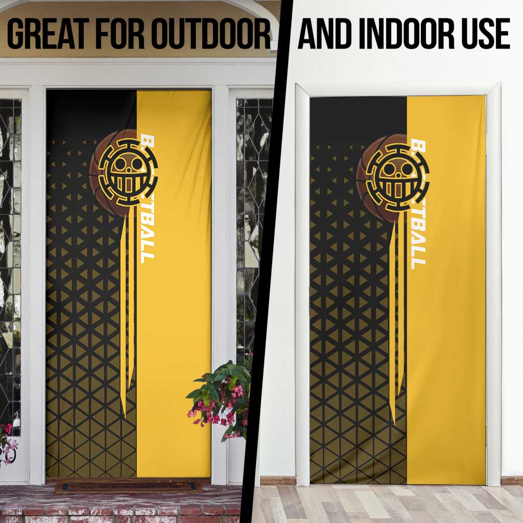 Trafalgar Law One Piece Basketball Theme Yellow and Black Design Door Cover with Heart Pirates Emblem and Action Pose - The Mazicc