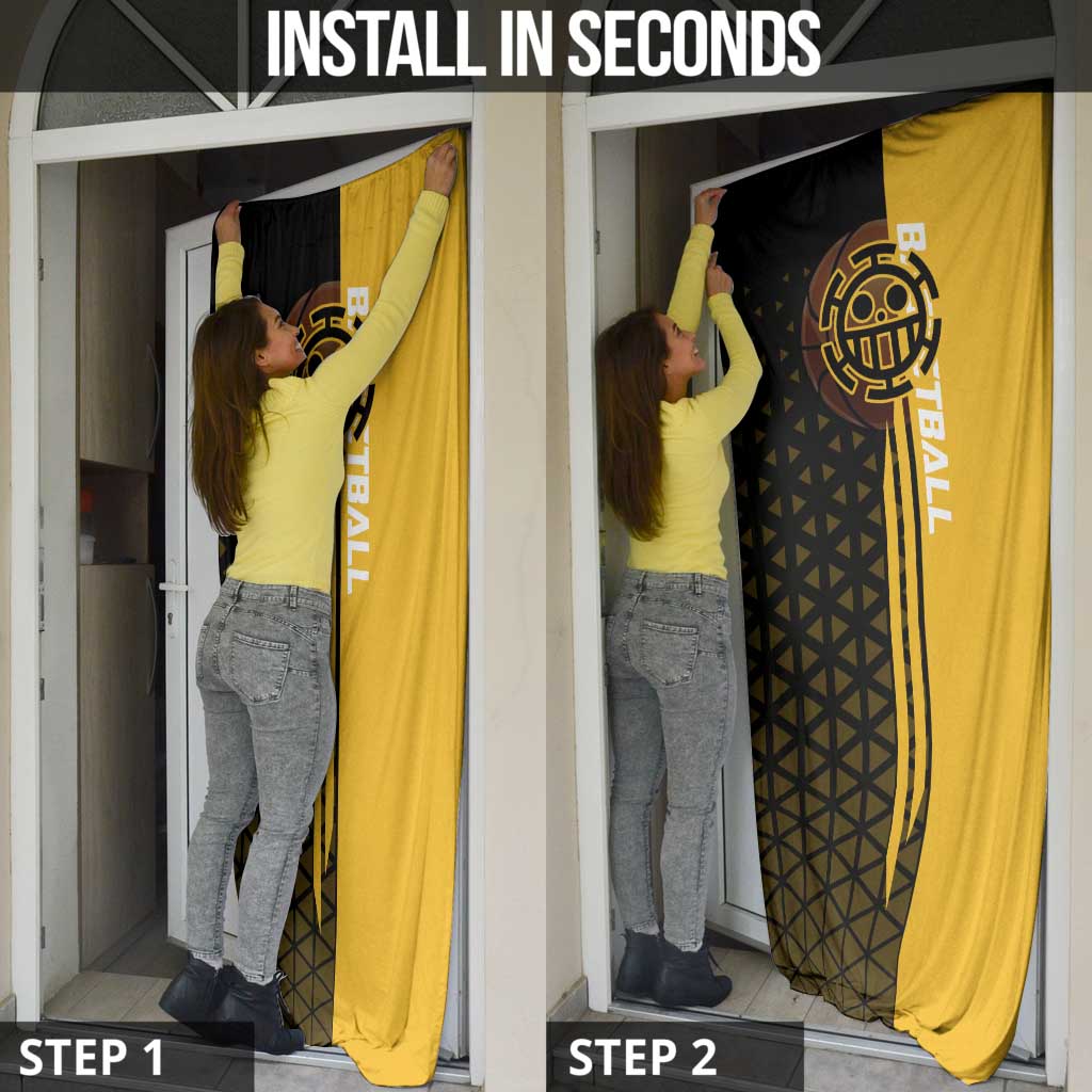 Trafalgar Law One Piece Basketball Theme Yellow and Black Design Door Cover with Heart Pirates Emblem and Action Pose - The Mazicc