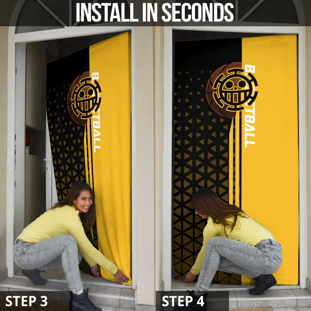 Trafalgar Law One Piece Basketball Theme Yellow and Black Design Door Cover with Heart Pirates Emblem and Action Pose - The Mazicc