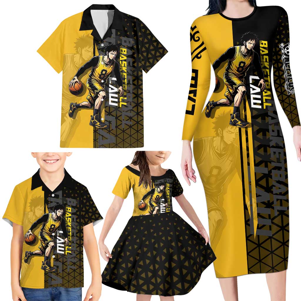 Trafalgar Law One Piece Basketball Theme Yellow and Black Design Family Matching Long Sleeve Bodycon Dress and Hawaiian Shirt with Heart Pirates Emblem and Action Pose