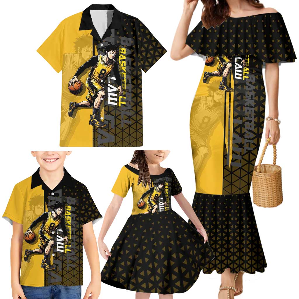 Trafalgar Law One Piece Basketball Theme Yellow and Black Design Family Matching Mermaid Dress and Hawaiian Shirt with Heart Pirates Emblem and Action Pose