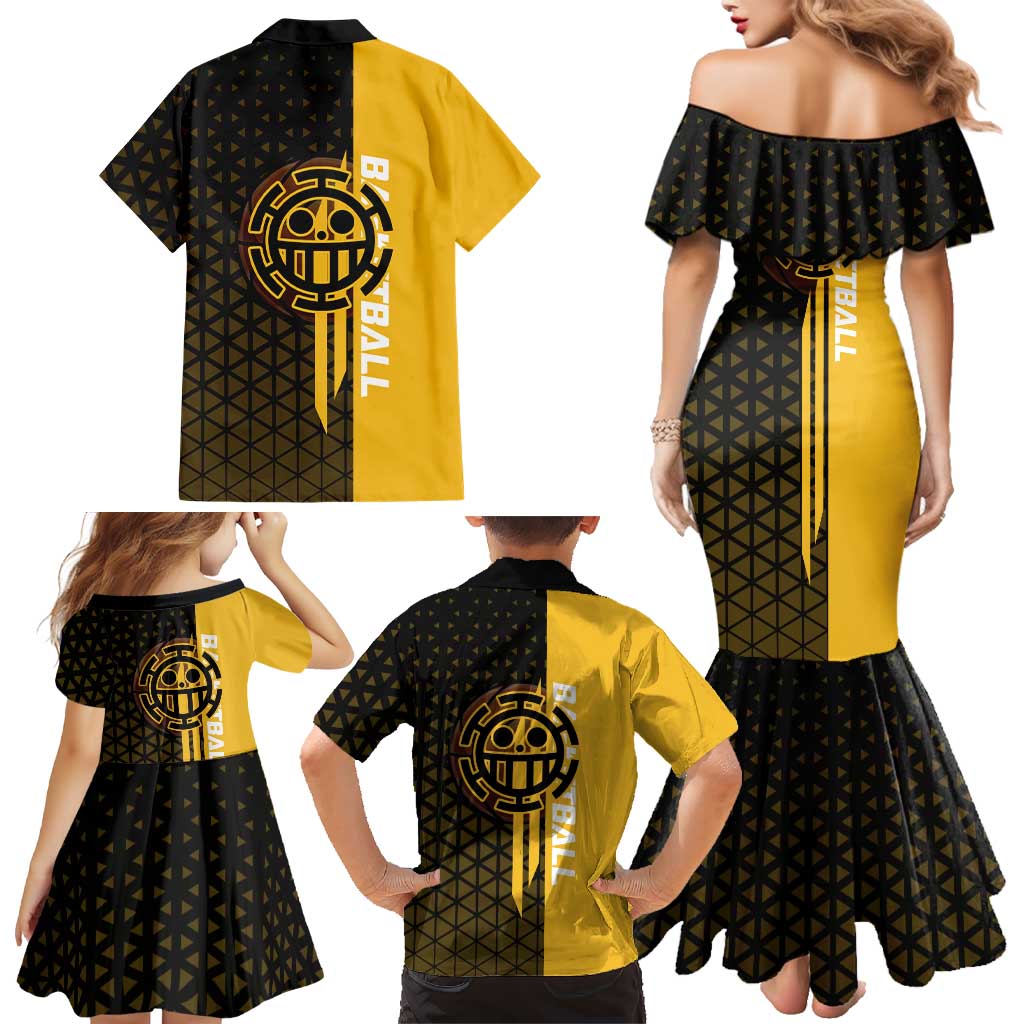 Trafalgar Law One Piece Basketball Theme Yellow and Black Design Family Matching Mermaid Dress and Hawaiian Shirt with Heart Pirates Emblem and Action Pose