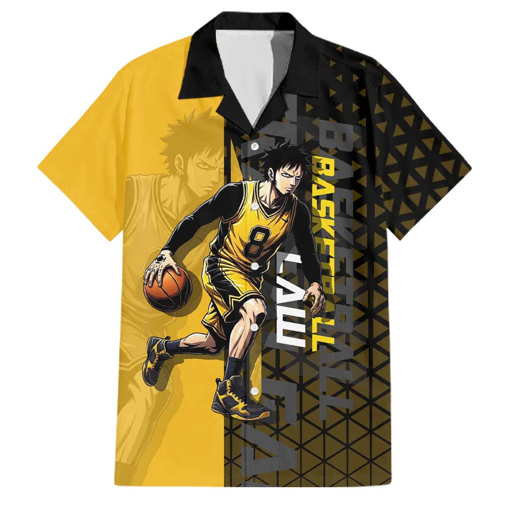 Trafalgar Law One Piece Basketball Theme Yellow and Black Design Family Matching Mermaid Dress and Hawaiian Shirt with Heart Pirates Emblem and Action Pose