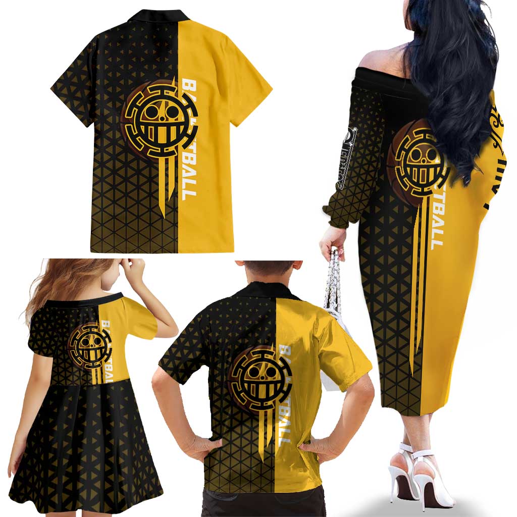 Trafalgar Law One Piece Basketball Theme Yellow and Black Design Family Matching Off The Shoulder Long Sleeve Dress and Hawaiian Shirt with Heart Pirates Emblem and Action Pose