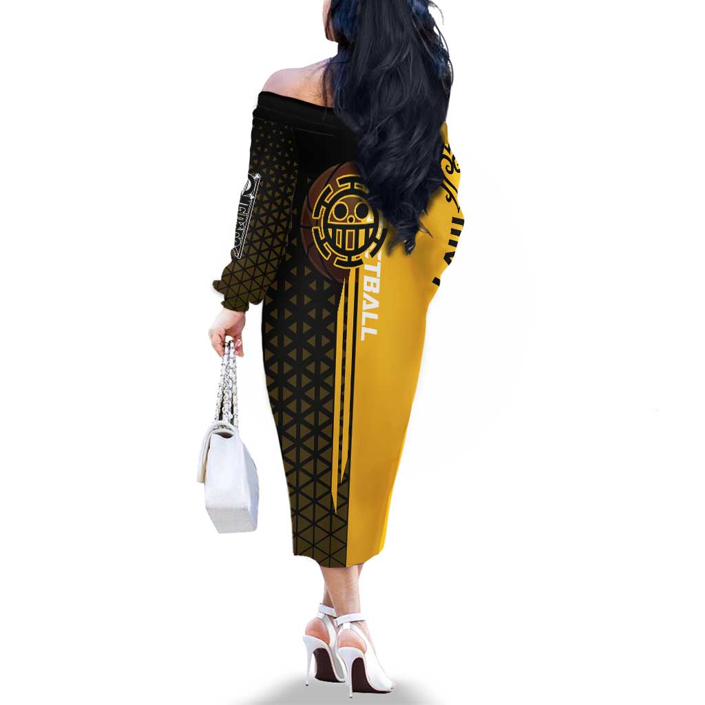 Trafalgar Law One Piece Basketball Theme Yellow and Black Design Family Matching Off The Shoulder Long Sleeve Dress and Hawaiian Shirt with Heart Pirates Emblem and Action Pose