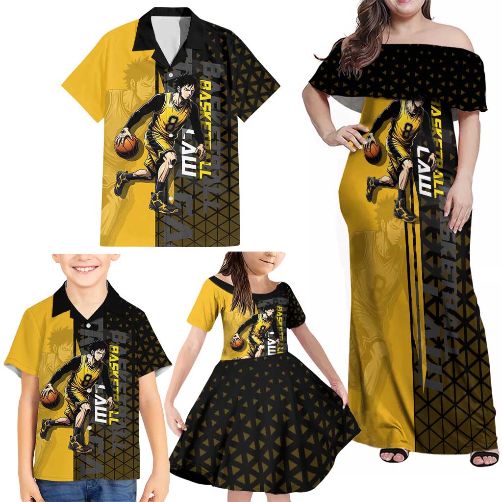 Trafalgar Law One Piece Basketball Theme Yellow and Black Design Family Matching Off Shoulder Maxi Dress and Hawaiian Shirt with Heart Pirates Emblem and Action Pose