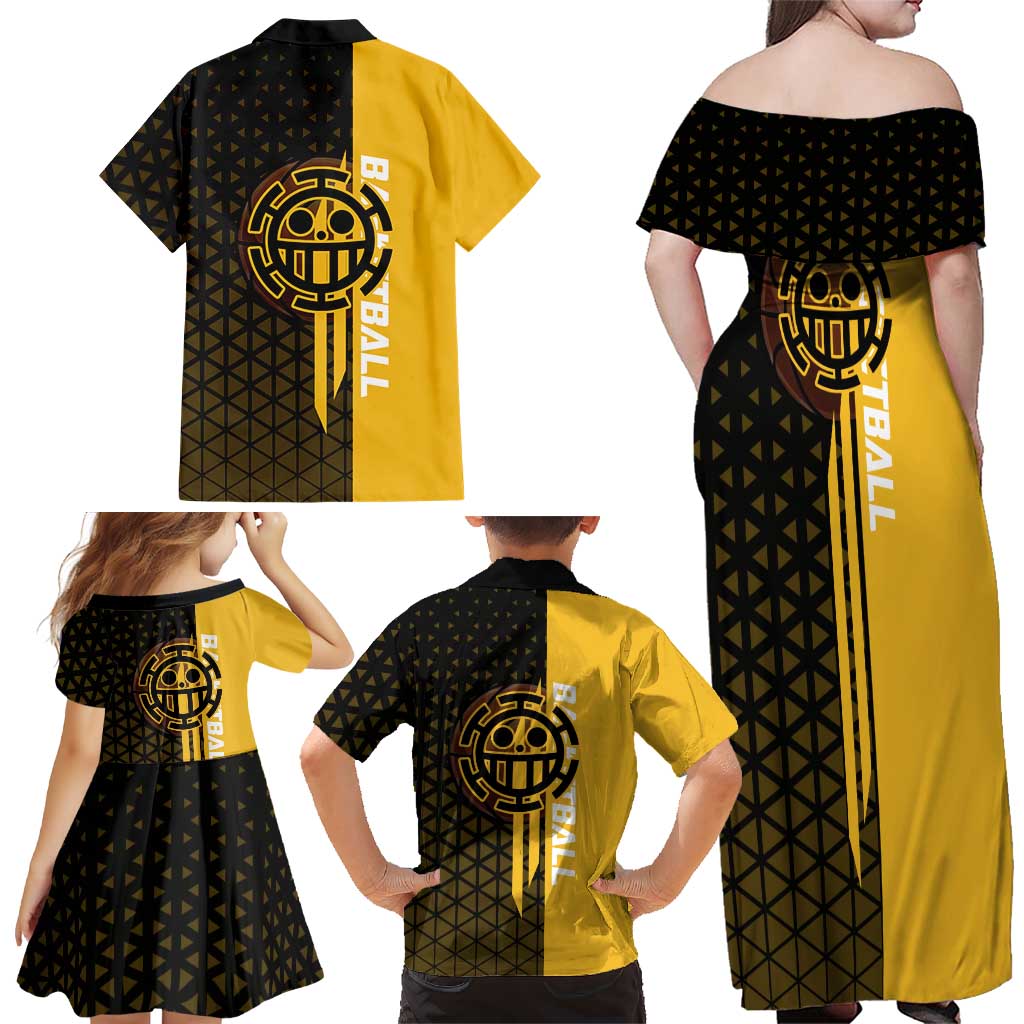 Trafalgar Law One Piece Basketball Theme Yellow and Black Design Family Matching Off Shoulder Maxi Dress and Hawaiian Shirt with Heart Pirates Emblem and Action Pose