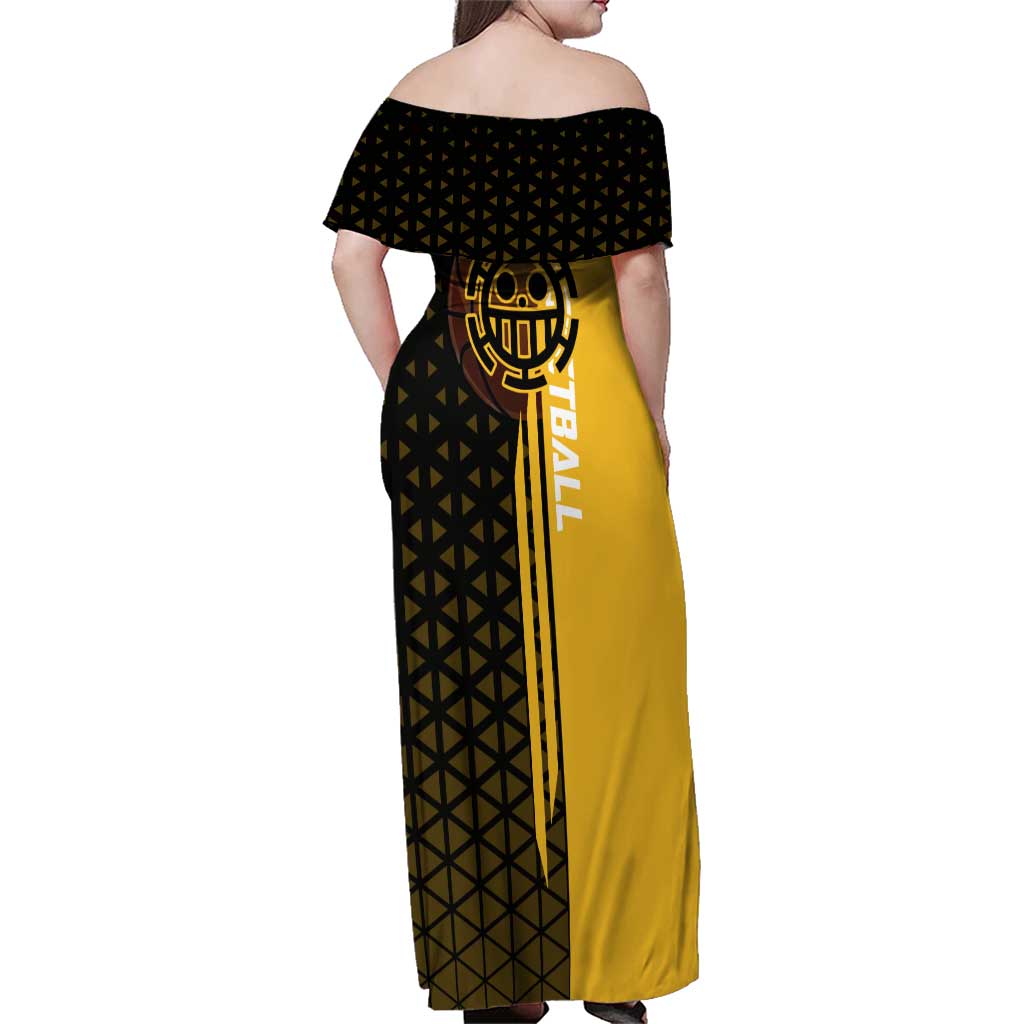 Trafalgar Law One Piece Basketball Theme Yellow and Black Design Family Matching Off Shoulder Maxi Dress and Hawaiian Shirt with Heart Pirates Emblem and Action Pose