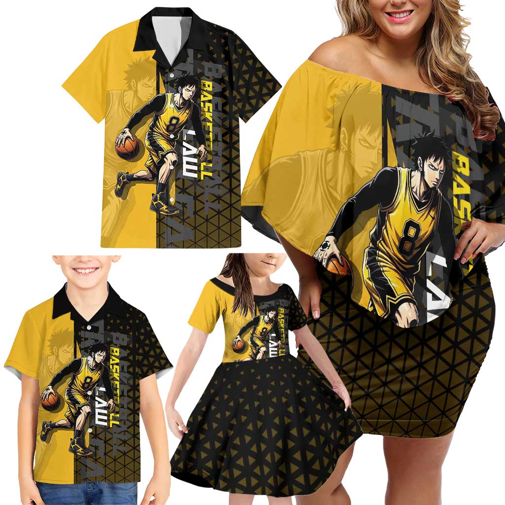 Trafalgar Law One Piece Basketball Theme Yellow and Black Design Family Matching Off Shoulder Short Dress and Hawaiian Shirt with Heart Pirates Emblem and Action Pose