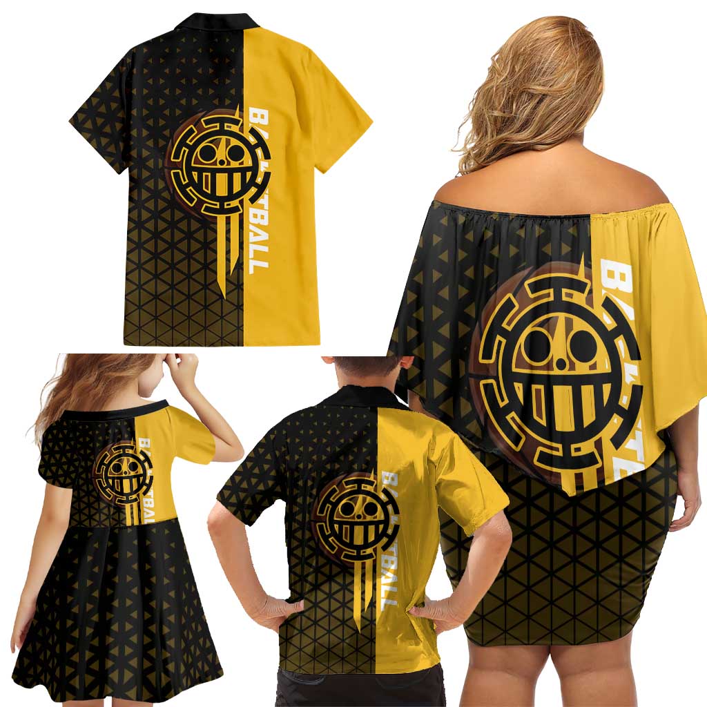 Trafalgar Law One Piece Basketball Theme Yellow and Black Design Family Matching Off Shoulder Short Dress and Hawaiian Shirt with Heart Pirates Emblem and Action Pose