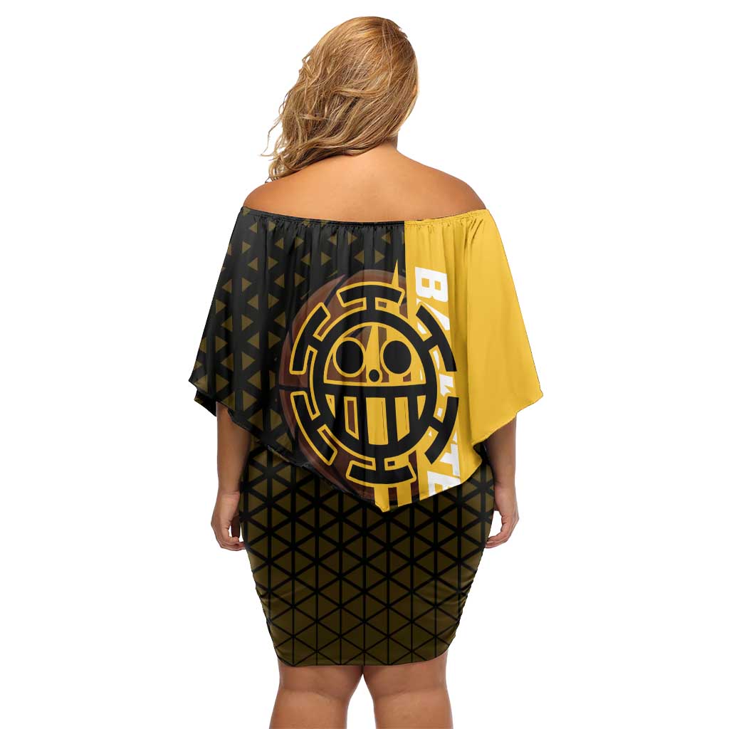 Trafalgar Law One Piece Basketball Theme Yellow and Black Design Family Matching Off Shoulder Short Dress and Hawaiian Shirt with Heart Pirates Emblem and Action Pose