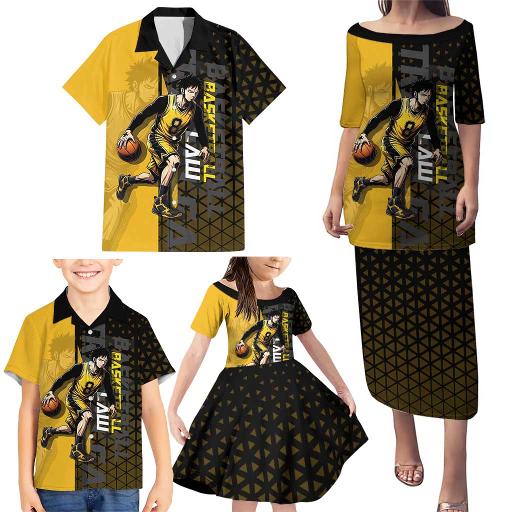 Trafalgar Law One Piece Basketball Theme Yellow and Black Design Family Matching Puletasi and Hawaiian Shirt with Heart Pirates Emblem and Action Pose