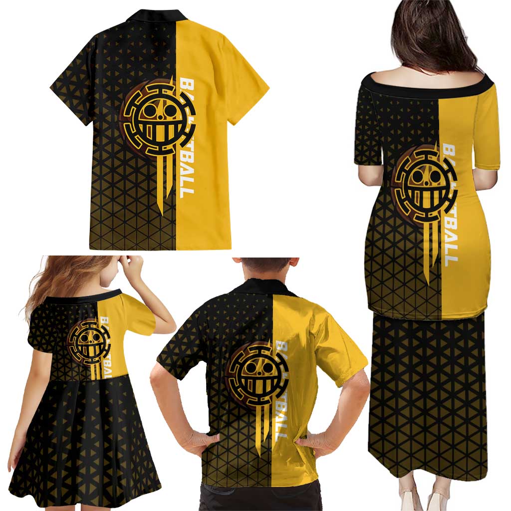 Trafalgar Law One Piece Basketball Theme Yellow and Black Design Family Matching Puletasi and Hawaiian Shirt with Heart Pirates Emblem and Action Pose