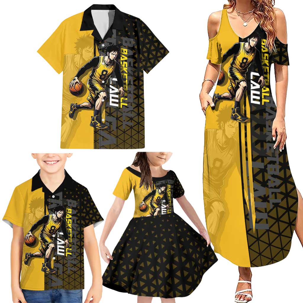 Trafalgar Law One Piece Basketball Theme Yellow and Black Design Family Matching Summer Maxi Dress and Hawaiian Shirt with Heart Pirates Emblem and Action Pose