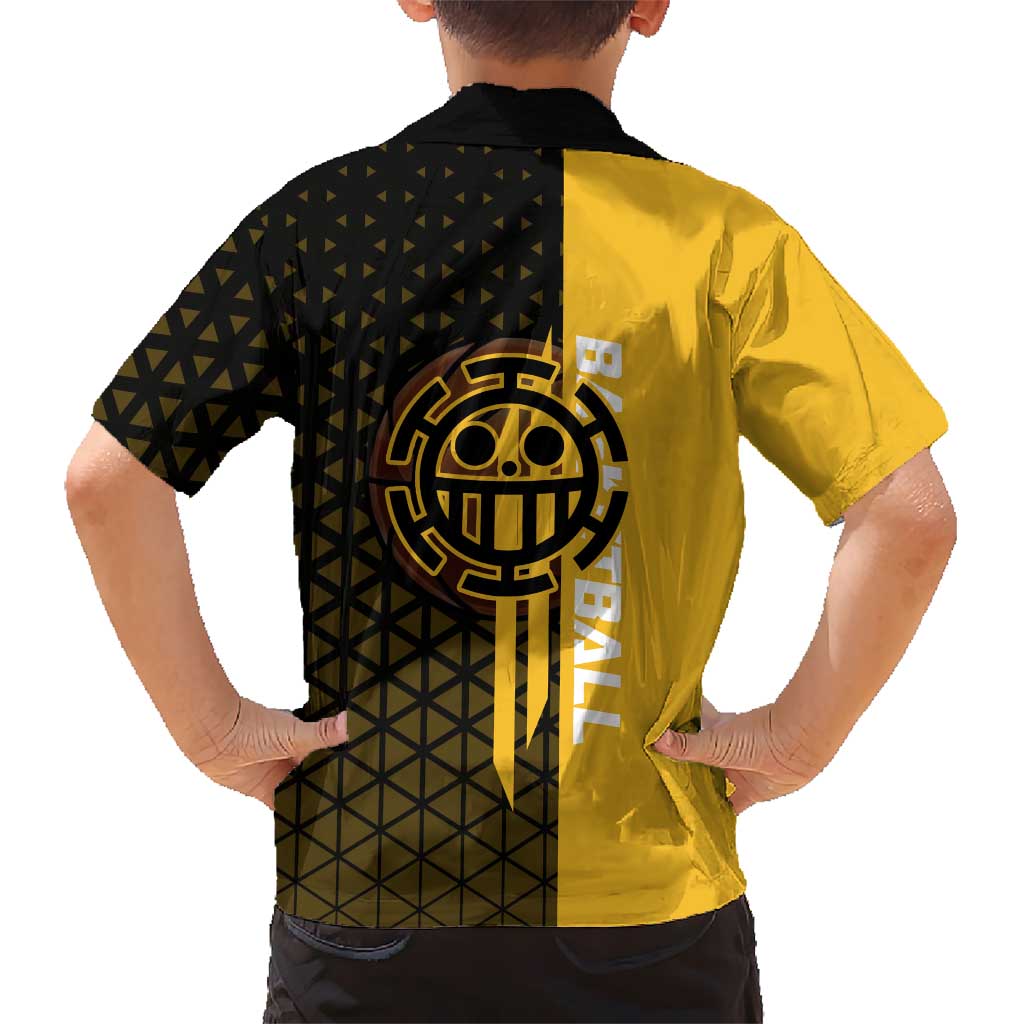 Trafalgar Law One Piece Basketball Theme Yellow and Black Design Family Matching Summer Maxi Dress and Hawaiian Shirt with Heart Pirates Emblem and Action Pose