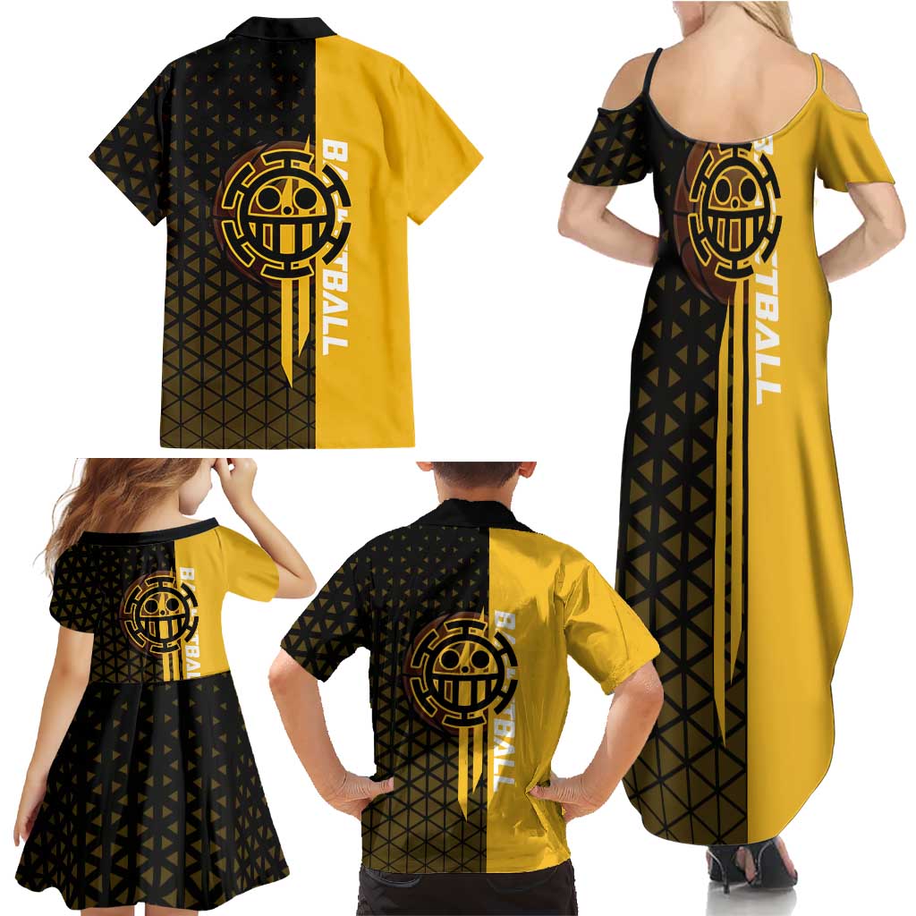 Trafalgar Law One Piece Basketball Theme Yellow and Black Design Family Matching Summer Maxi Dress and Hawaiian Shirt with Heart Pirates Emblem and Action Pose