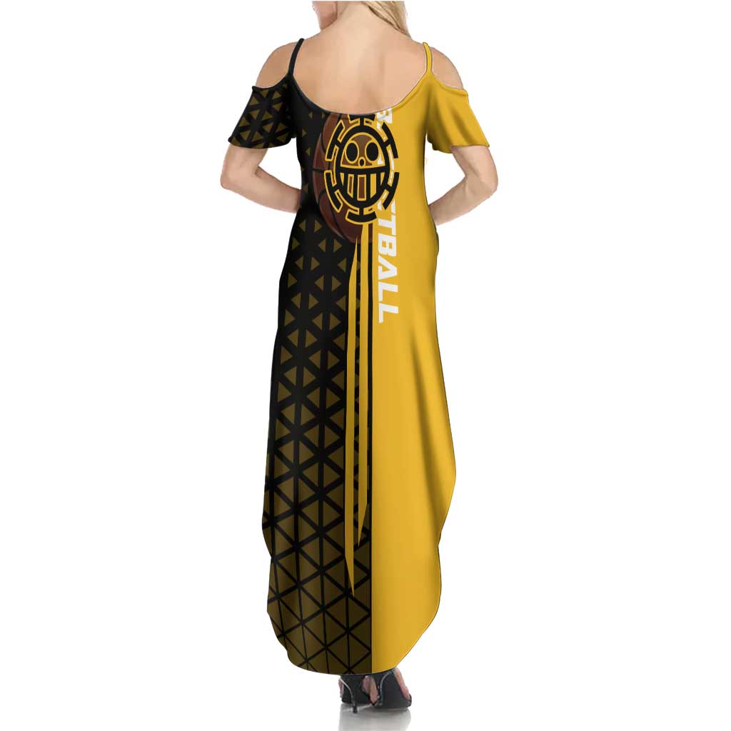 Trafalgar Law One Piece Basketball Theme Yellow and Black Design Family Matching Summer Maxi Dress and Hawaiian Shirt with Heart Pirates Emblem and Action Pose