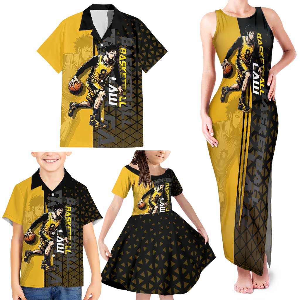 Trafalgar Law One Piece Basketball Theme Yellow and Black Design Family Matching Tank Maxi Dress and Hawaiian Shirt with Heart Pirates Emblem and Action Pose