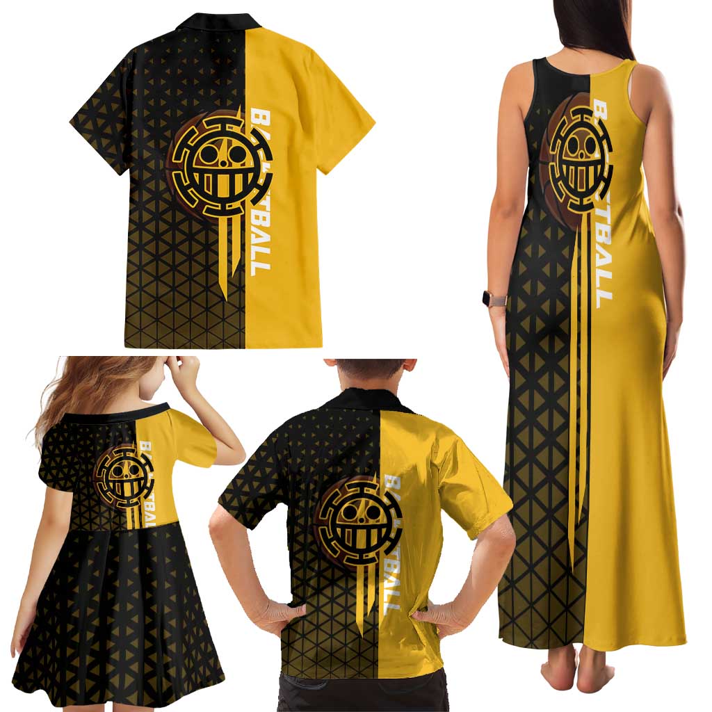 Trafalgar Law One Piece Basketball Theme Yellow and Black Design Family Matching Tank Maxi Dress and Hawaiian Shirt with Heart Pirates Emblem and Action Pose