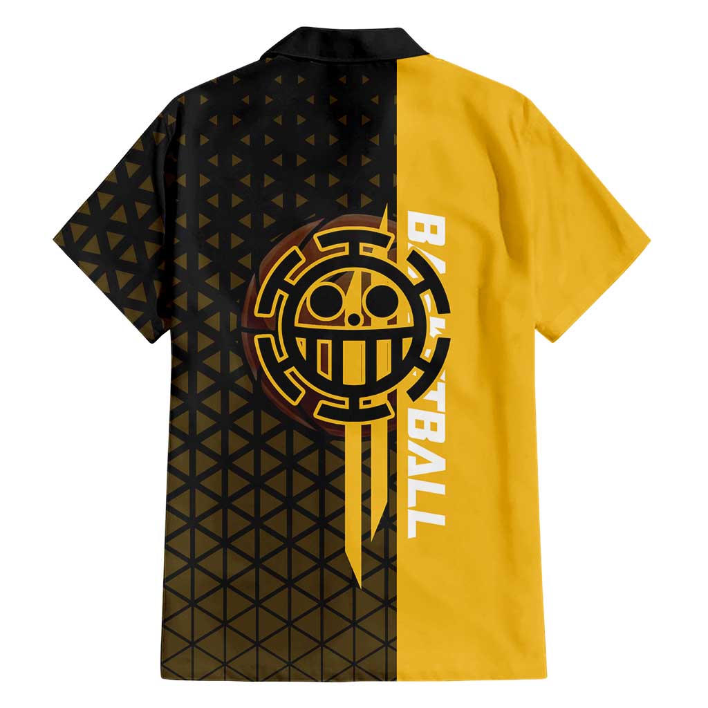 Trafalgar Law One Piece Basketball Theme Yellow and Black Design Family Matching Tank Maxi Dress and Hawaiian Shirt with Heart Pirates Emblem and Action Pose