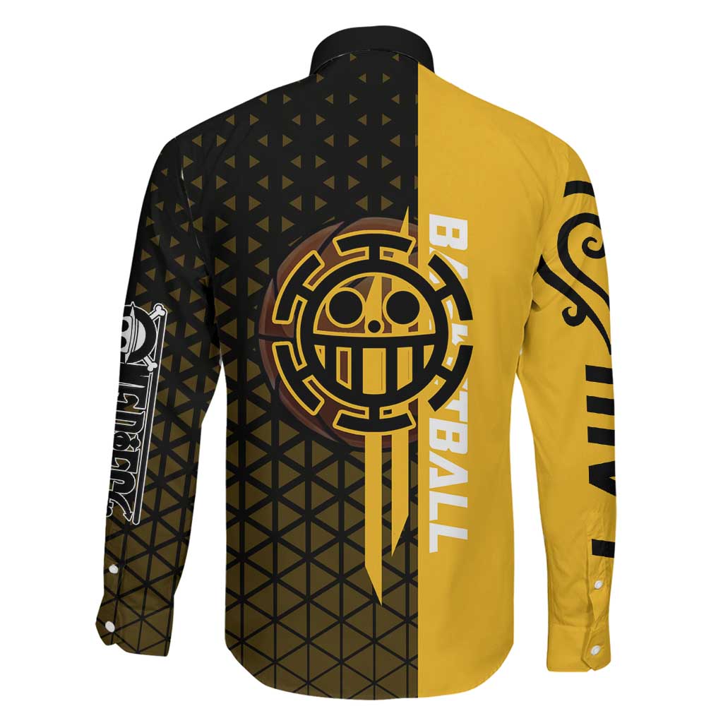 Trafalgar Law One Piece Basketball Theme Yellow and Black Design Family Matching Tank Maxi Dress and Hawaiian Shirt with Heart Pirates Emblem and Action Pose