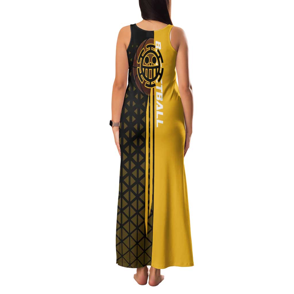 Trafalgar Law One Piece Basketball Theme Yellow and Black Design Family Matching Tank Maxi Dress and Hawaiian Shirt with Heart Pirates Emblem and Action Pose
