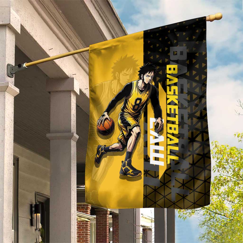 Trafalgar Law One Piece Basketball Theme Yellow and Black Design Garden Flag with Heart Pirates Emblem and Action Pose - The Mazicc