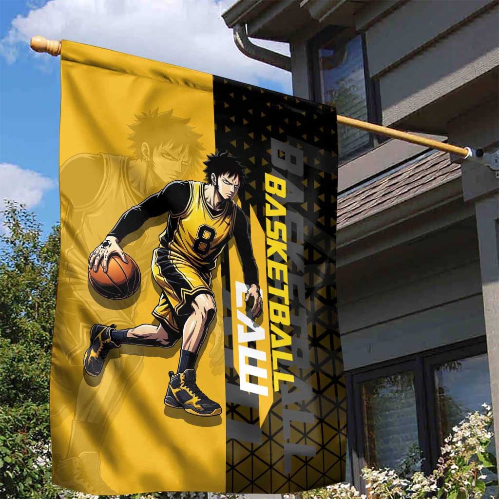 Trafalgar Law One Piece Basketball Theme Yellow and Black Design Garden Flag with Heart Pirates Emblem and Action Pose - The Mazicc