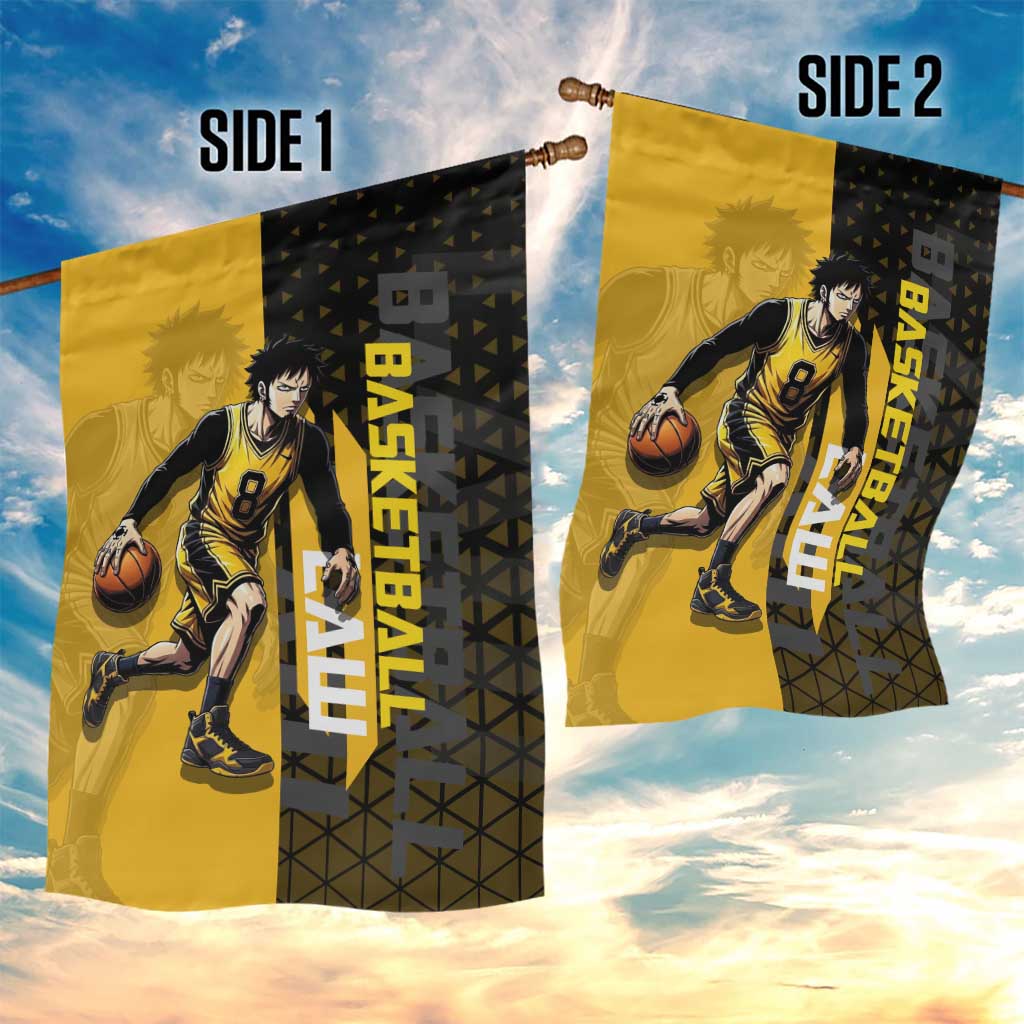 Trafalgar Law One Piece Basketball Theme Yellow and Black Design Garden Flag with Heart Pirates Emblem and Action Pose - The Mazicc