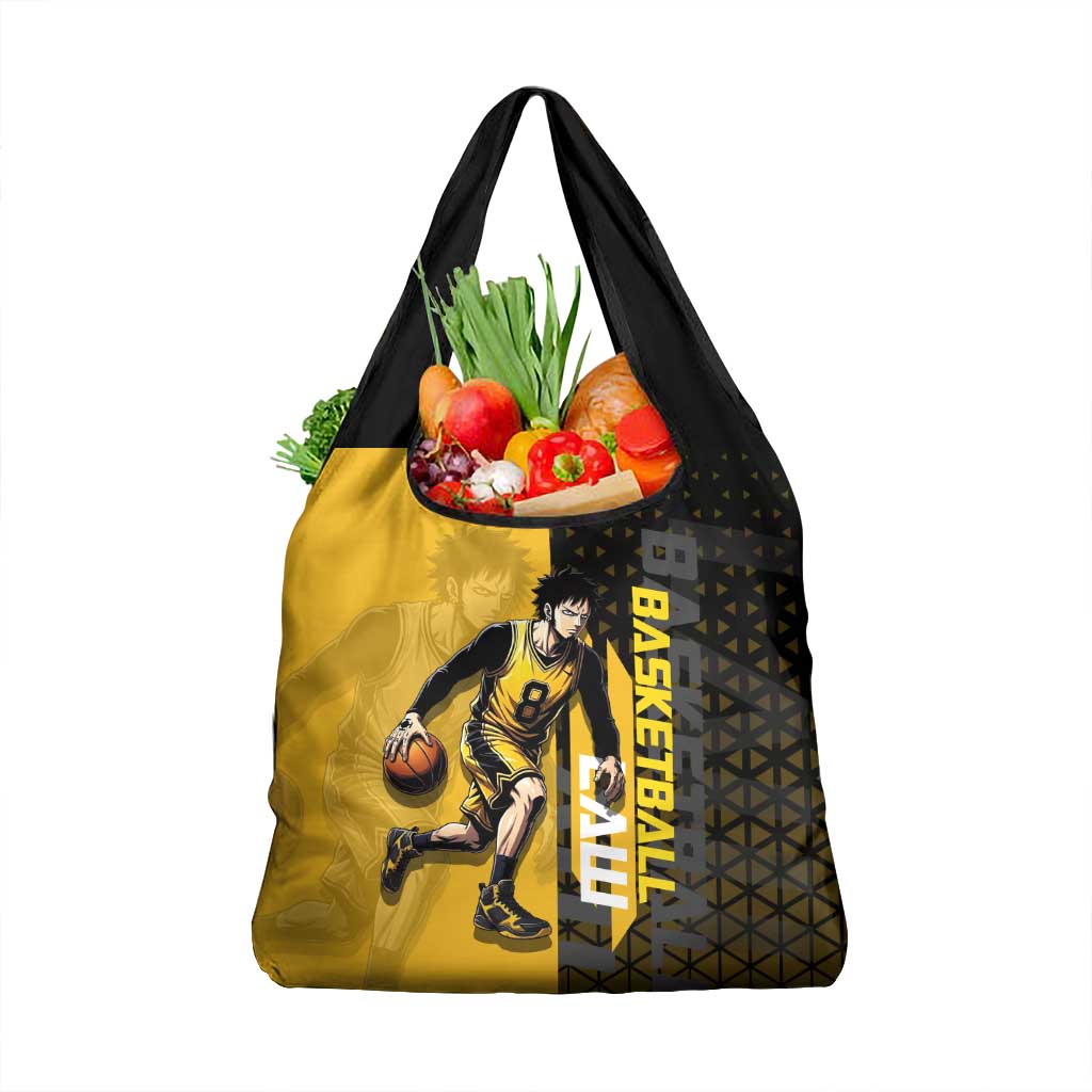 Trafalgar Law One Piece Basketball Theme Yellow and Black Design Grocery Bag with Heart Pirates Emblem and Action Pose - The Mazicc