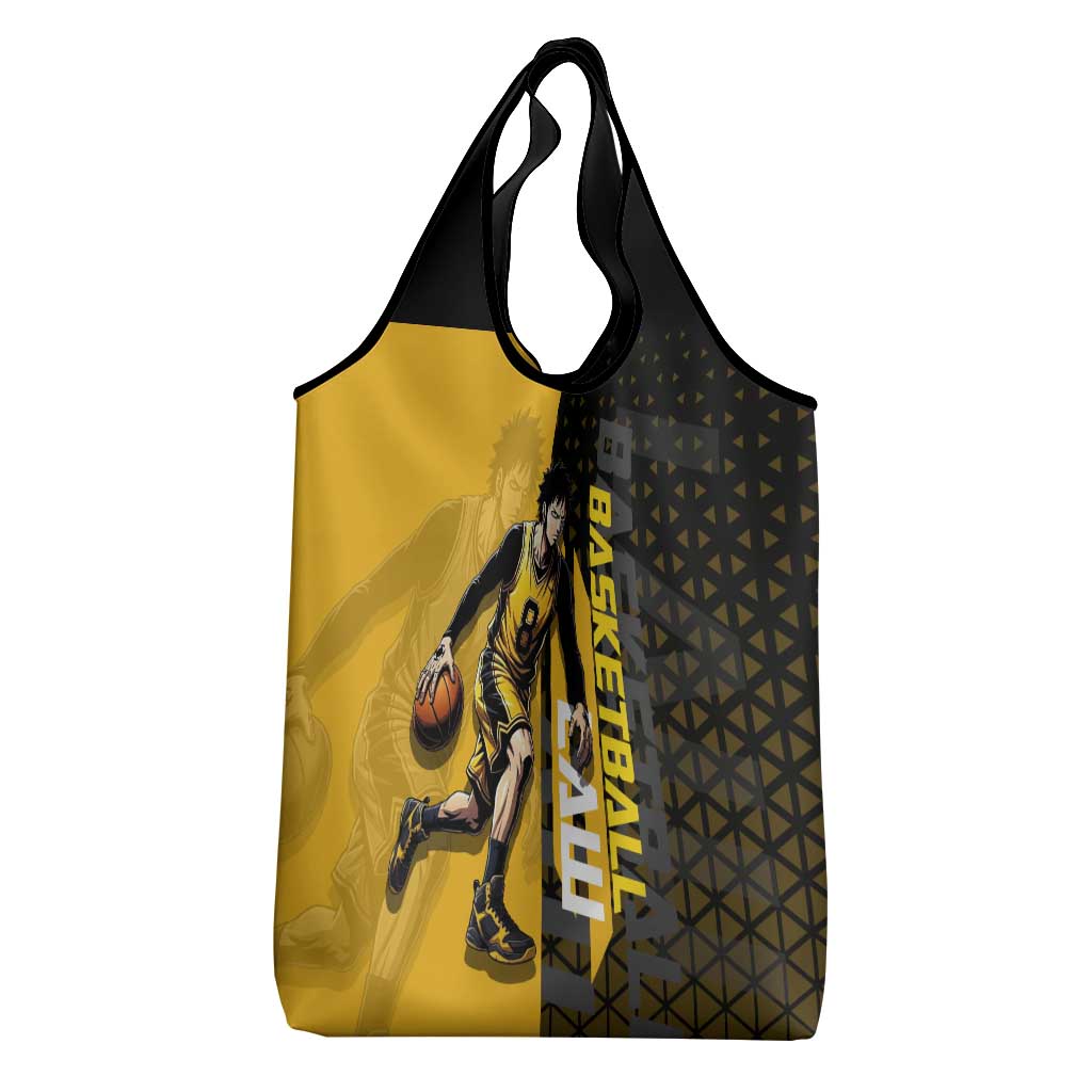 Trafalgar Law One Piece Basketball Theme Yellow and Black Design Grocery Bag with Heart Pirates Emblem and Action Pose - The Mazicc