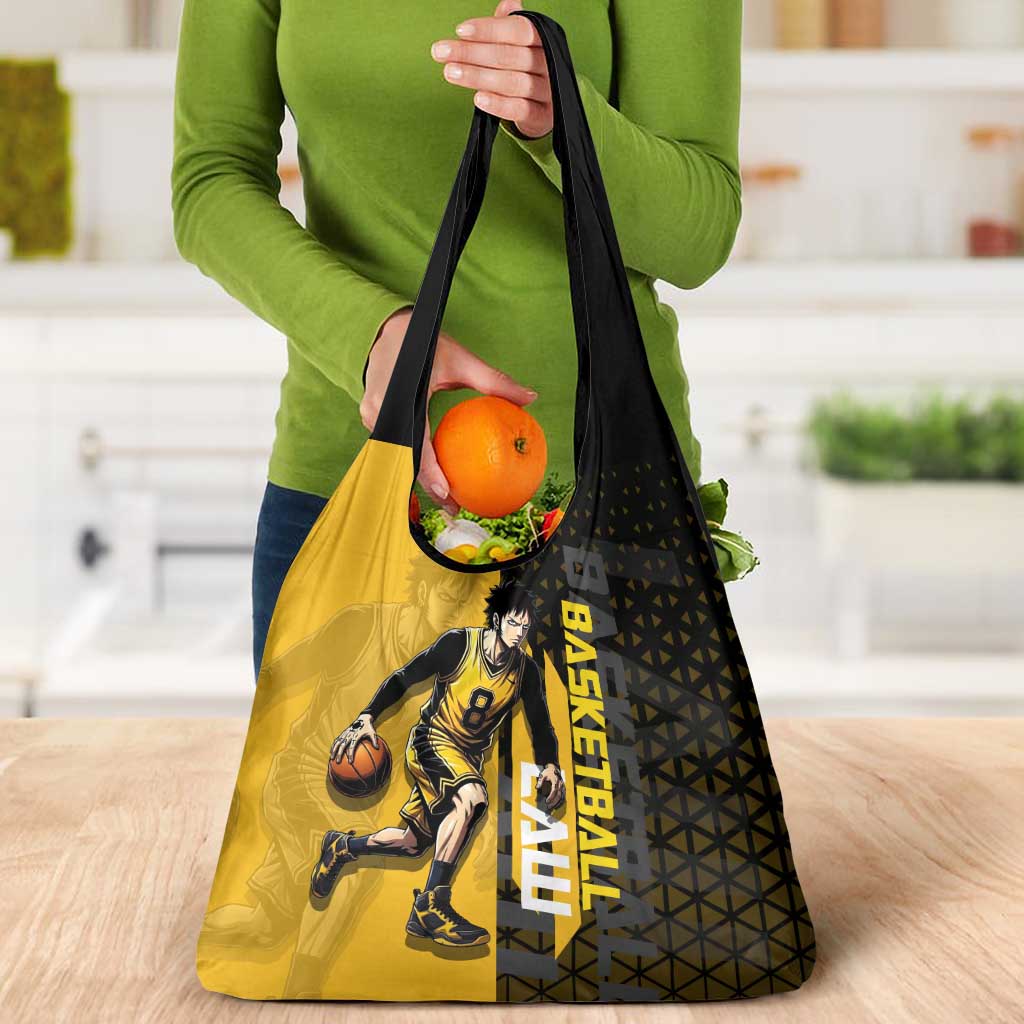 Trafalgar Law One Piece Basketball Theme Yellow and Black Design Grocery Bag with Heart Pirates Emblem and Action Pose - The Mazicc