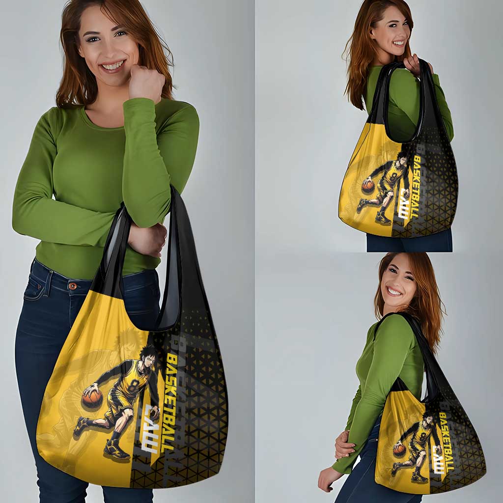 Trafalgar Law One Piece Basketball Theme Yellow and Black Design Grocery Bag with Heart Pirates Emblem and Action Pose - The Mazicc