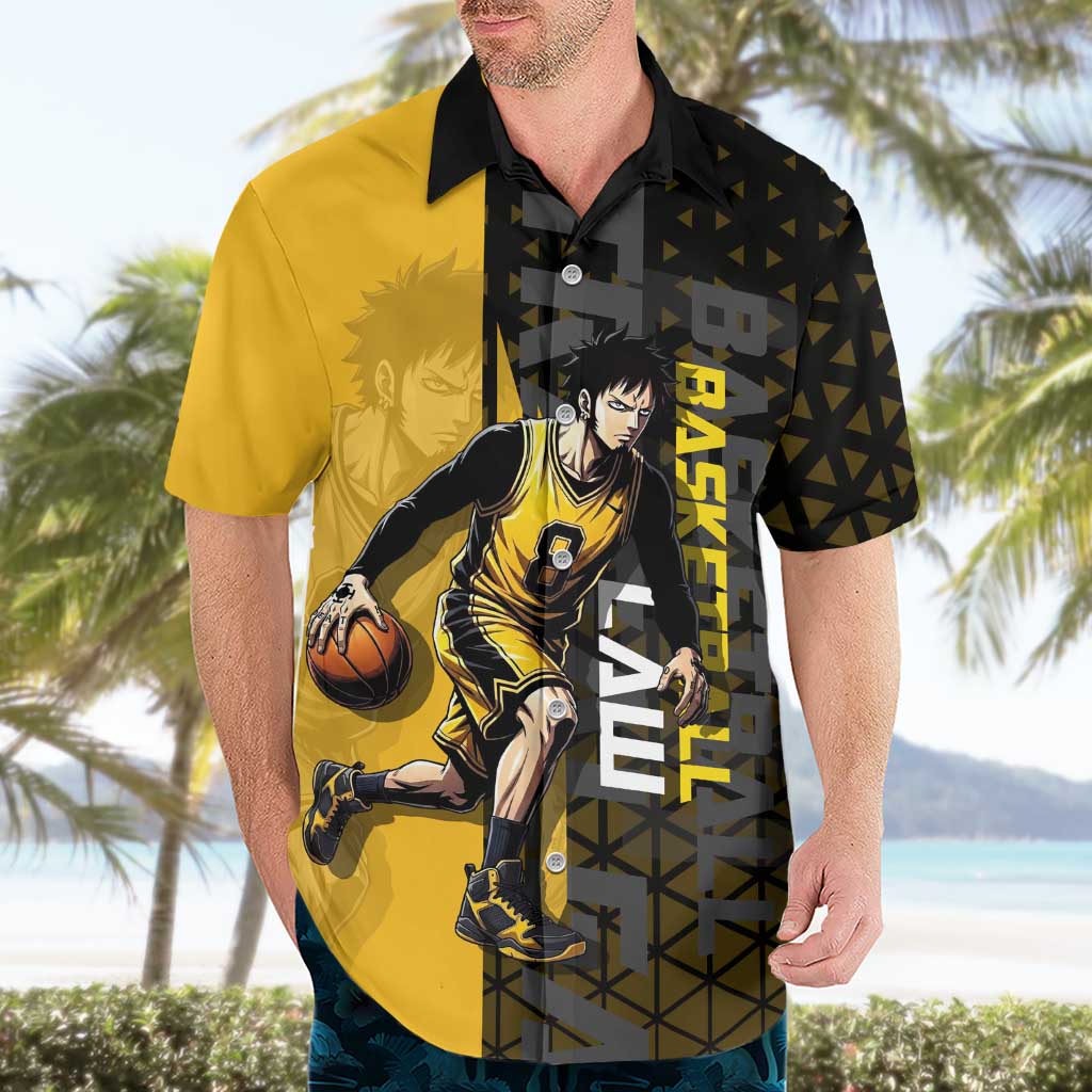 Trafalgar Law One Piece Basketball Theme Yellow and Black Design Hawaiian Shirt with Heart Pirates Emblem and Action Pose - The Mazicc