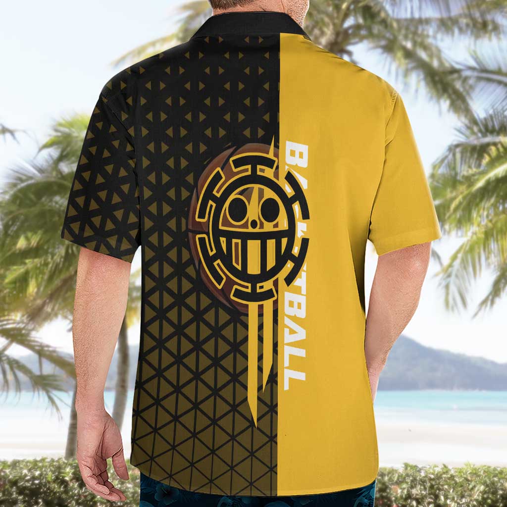Trafalgar Law One Piece Basketball Theme Yellow and Black Design Hawaiian Shirt with Heart Pirates Emblem and Action Pose - The Mazicc