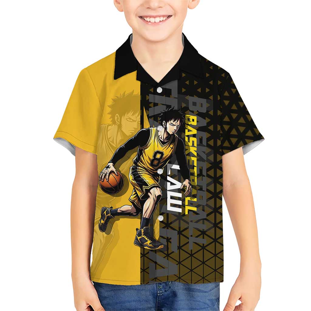 Trafalgar Law One Piece Basketball Theme Yellow and Black Design Hawaiian Shirt with Heart Pirates Emblem and Action Pose - The Mazicc