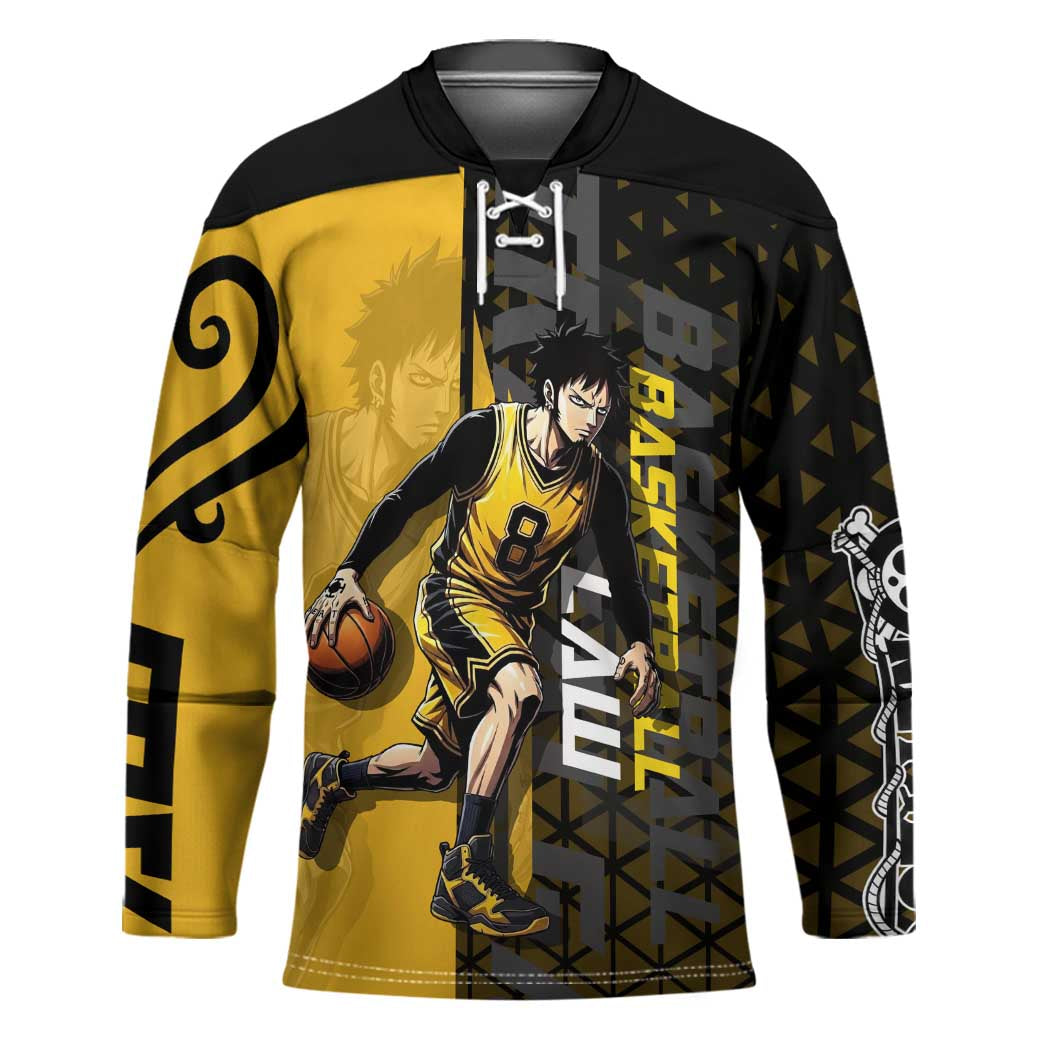 Trafalgar Law One Piece Basketball Theme Yellow and Black Design Hockey Jersey with Heart Pirates Emblem and Action Pose - The Mazicc