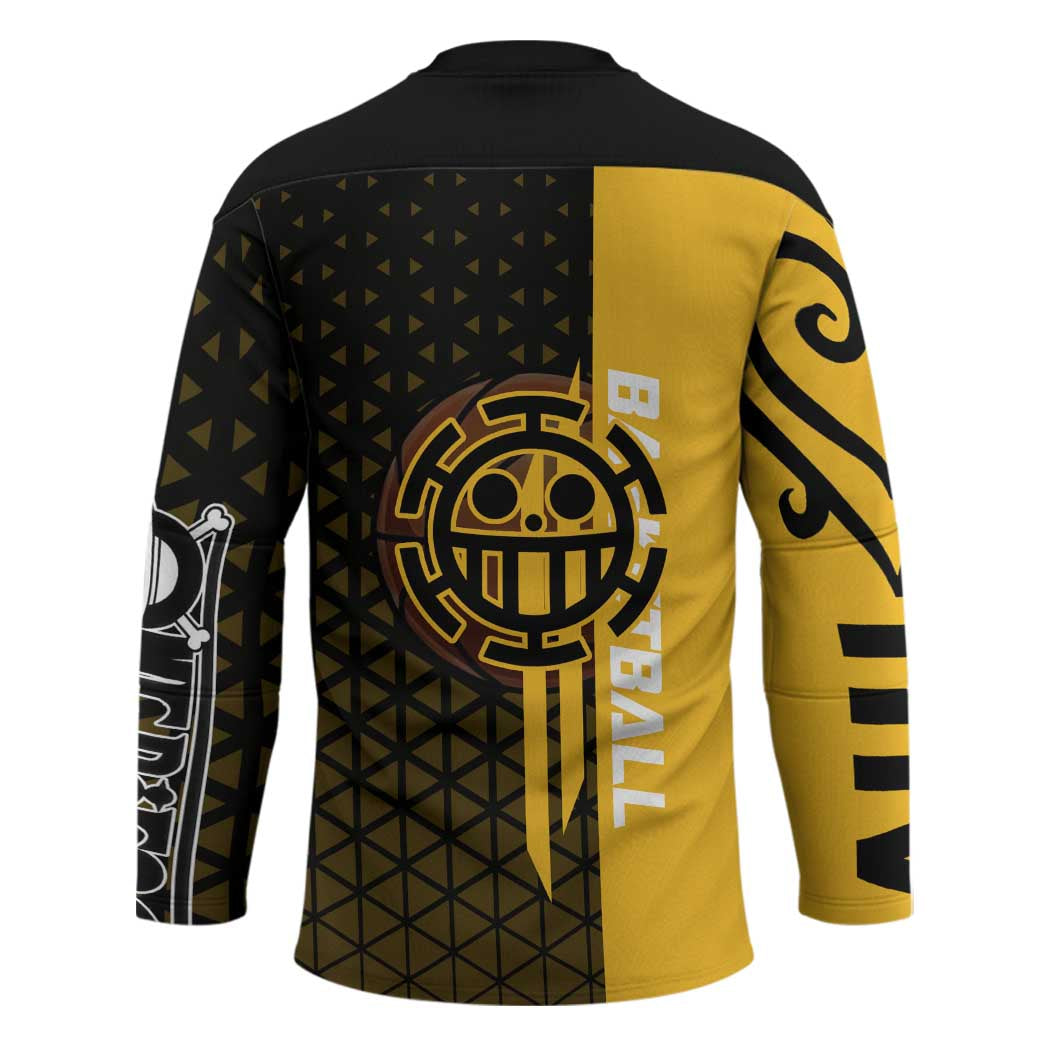 Trafalgar Law One Piece Basketball Theme Yellow and Black Design Hockey Jersey with Heart Pirates Emblem and Action Pose - The Mazicc