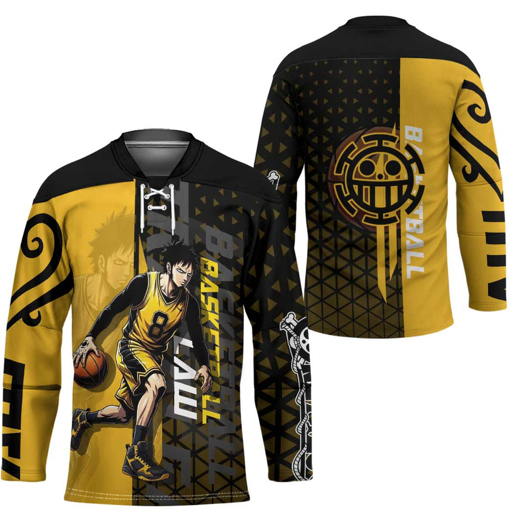 Trafalgar Law One Piece Basketball Theme Yellow and Black Design Hockey Jersey with Heart Pirates Emblem and Action Pose - The Mazicc