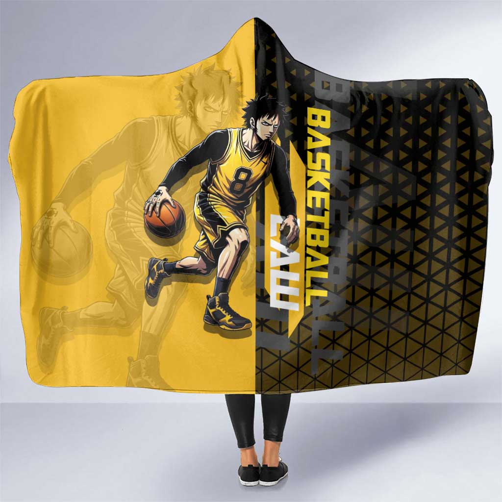 Trafalgar Law One Piece Basketball Theme Yellow and Black Design Hooded Blanket with Heart Pirates Emblem and Action Pose - The Mazicc
