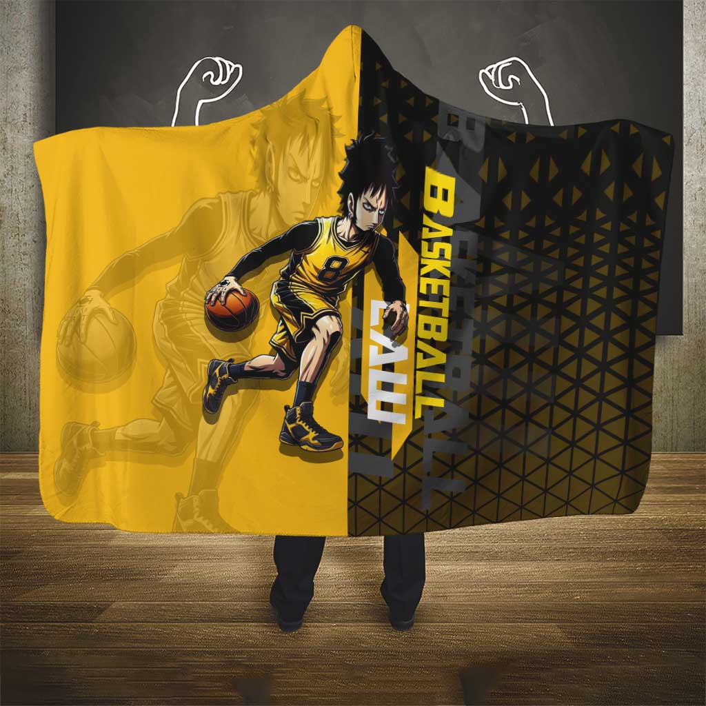 Trafalgar Law One Piece Basketball Theme Yellow and Black Design Hooded Blanket with Heart Pirates Emblem and Action Pose - The Mazicc